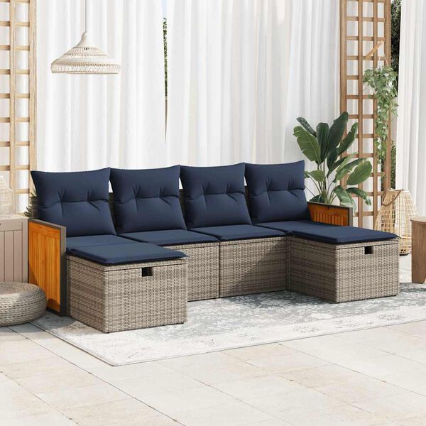 vidaXL Set de muebles de jard&iacute;n 6 pzas y cojines rat&aacute;n sint&eacute;tico gris