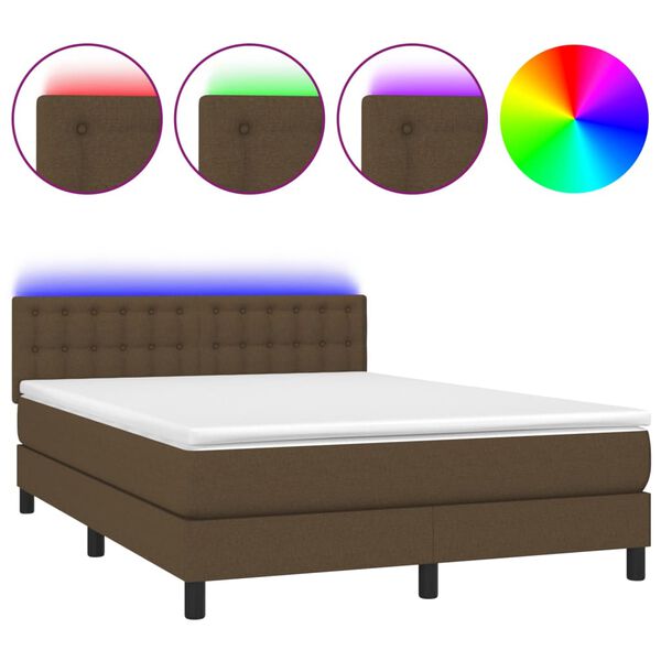 vidaXL Cama box spring colch&oacute;n luces LED tela marr&oacute;n oscuro 140x200cm