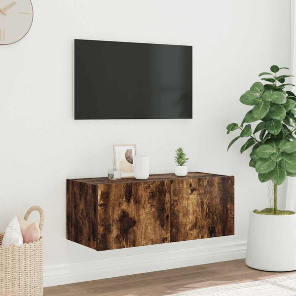 vidaXL Mueble de TV de pared con luces LED roble ahumado 80x35x31 cm