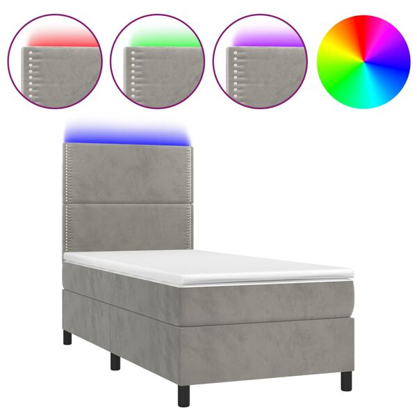 vidaXL Cama box spring colch&oacute;n y LED terciopelo gris claro 90x200 cm