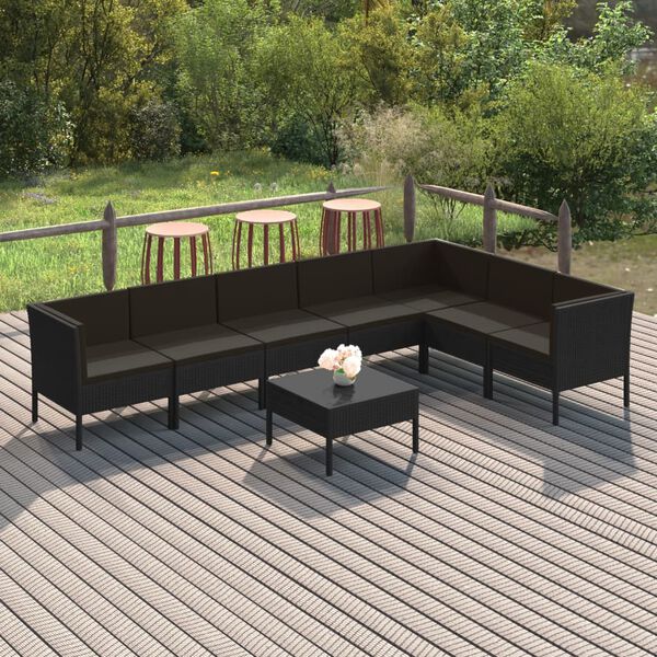vidaXL Set de muebles de jard&iacute;n 8 pzas y cojines rat&aacute;n sint&eacute;tico negro