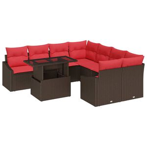 vidaXL Conjunto de sof&aacute; de jard&iacute;n 9 uds. Marr&oacute;n y Rojo rat&aacute;n sint&eacute;tico