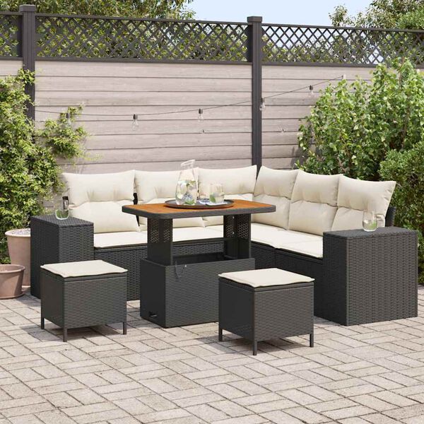 vidaXL Conjunto de sof&aacute; de jard&iacute;n 8 pcs Negro y crema rat&aacute;n sint&eacute;tico