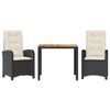 vidaXL Set comedor de jard&iacute;n 3 pzas con cojines rat&aacute;n sint&eacute;tico negro