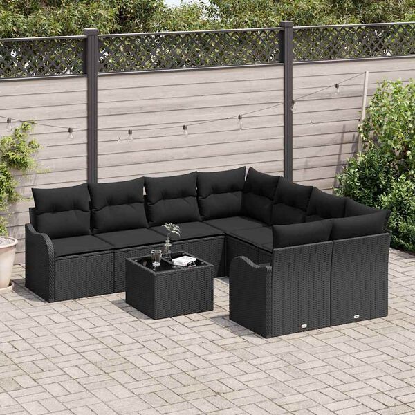 vidaXL Conjunto de sof&aacute; de jard&iacute;n con coj&iacute;n con almohada 9 pcs Negro