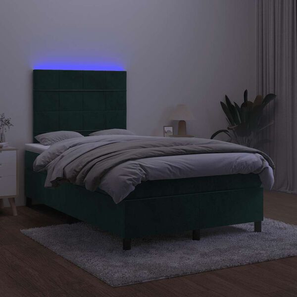 vidaXL Cama box spring colch&oacute;n y LED terciopelo verde oscuro 120x200cm