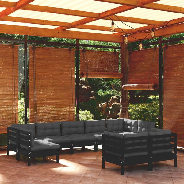 vidaXL Muebles de jard&iacute;n 9 pzas y cojines negro madera maciza de pino