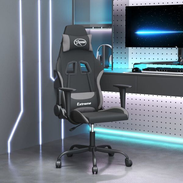 vidaXL Silla gaming de masaje tela gris claro y negro