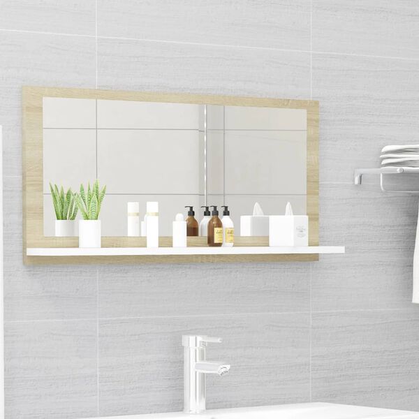 vidaXL Espejo de ba&ntilde;o madera contrachapada blanco roble 80x10,5x37 cm
