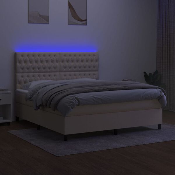 vidaXL Cama box spring colch&oacute;n y luces LED tela crema 160x200 cm