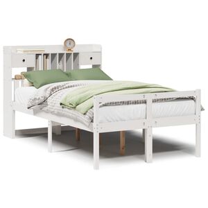vidaXL Cama con estanter&iacute;a sin colch&oacute;n madera maciza blanca 135x190 cm