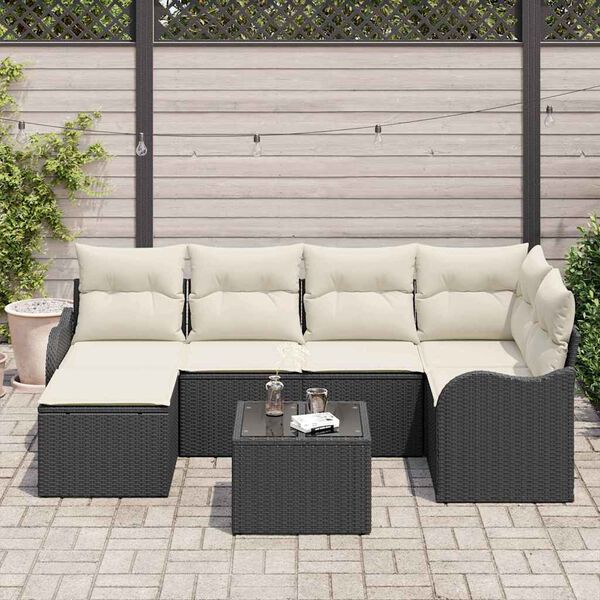 vidaXL Conjunto de sof&aacute; de jard&iacute;n con coj&iacute;n 7 pcs Negro Polirat&aacute;n