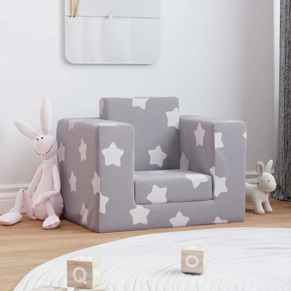 vidaXL Sof&aacute; cama infantil felpa suave gris claro con estrellas