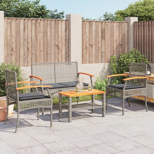 vidaXL Set de muebles de jard&iacute;n 4 pzas y cojines rat&aacute;n sint&eacute;tico gris
