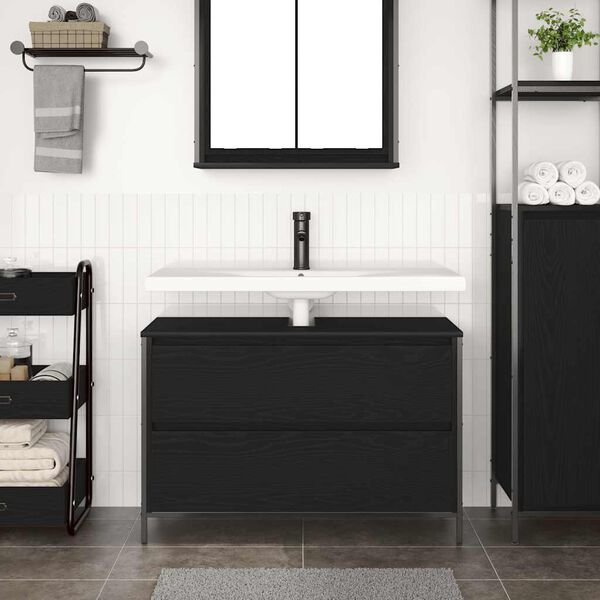 vidaXL Mueble de ba&ntilde;o con lavabo y cajones roble negro 90x34,5x60 cm