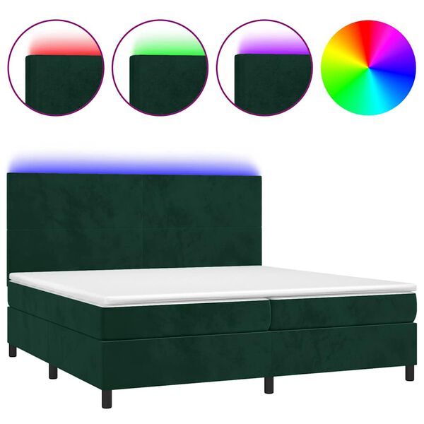 vidaXL Cama box spring colch&oacute;n y LED terciopelo verde oscuro 200x200cm