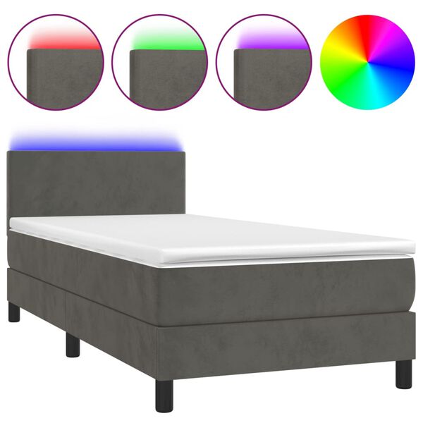 vidaXL Cama box spring colch&oacute;n y LED terciopelo gris oscuro 90x190 cm