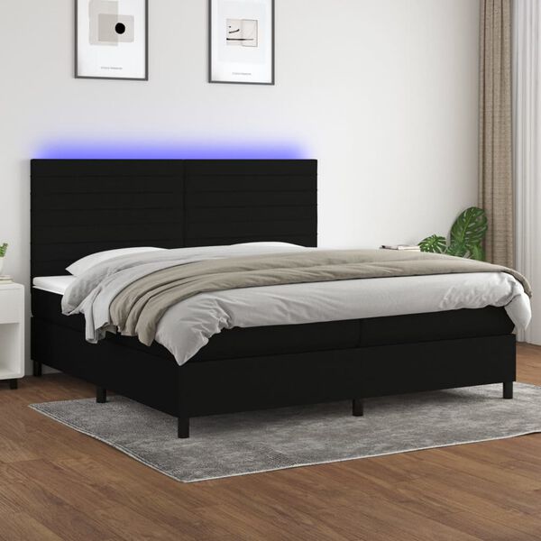 vidaXL Cama box spring colch&oacute;n y luces LED tela negro 200x200 cm