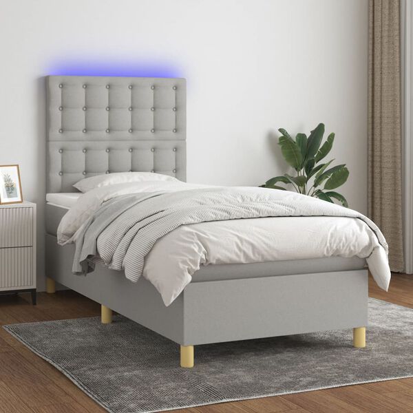 vidaXL Cama box spring colchón y luces LED tela gris claro 100x200 cm