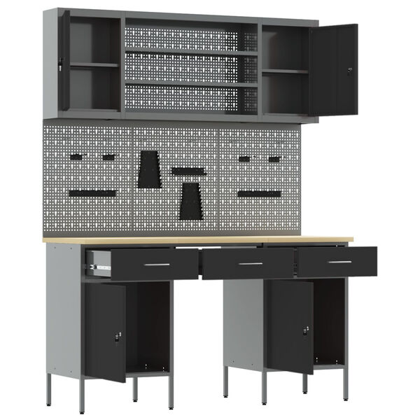 vidaXL Banco de trabajo con caj&oacute;n 7 pcs Negro 150 x 55 x 200 cm Acero