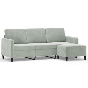 vidaXL Sof&aacute; de 3 plazas con taburete de terciopelo gris claro 180 cm