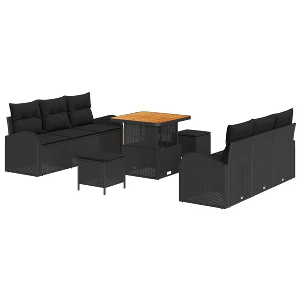 vidaXL Conjunto de sofá de jardín con cojín con almohada 9 pcs Negro