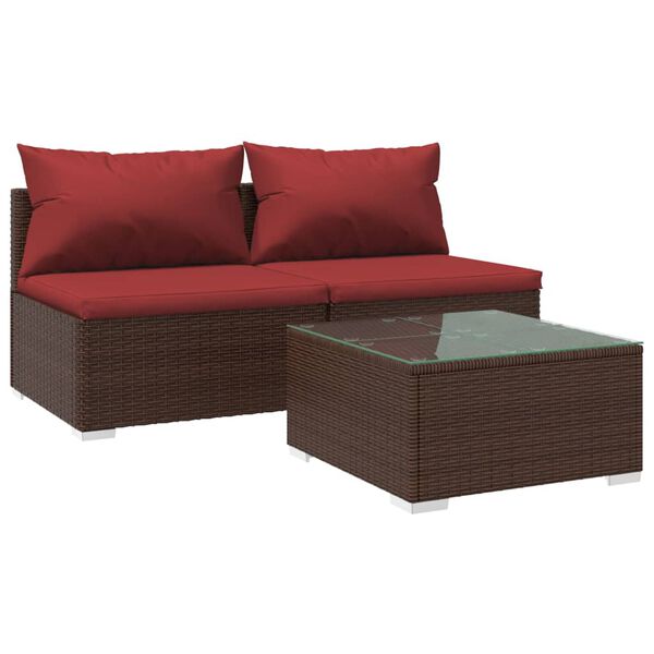 vidaXL Set muebles de jard&iacute;n 3 piezas y cojines rat&aacute;n sint&eacute;tico marr&oacute;n