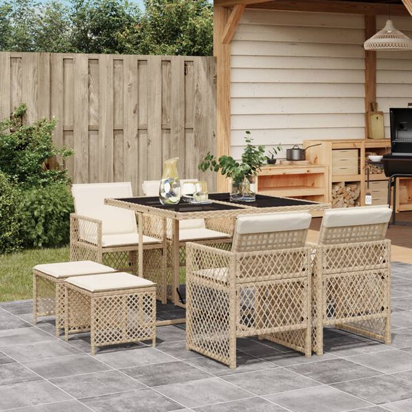 vidaXL Set comedor de jard&iacute;n 9 pzas con cojines rat&aacute;n sint&eacute;tico beige