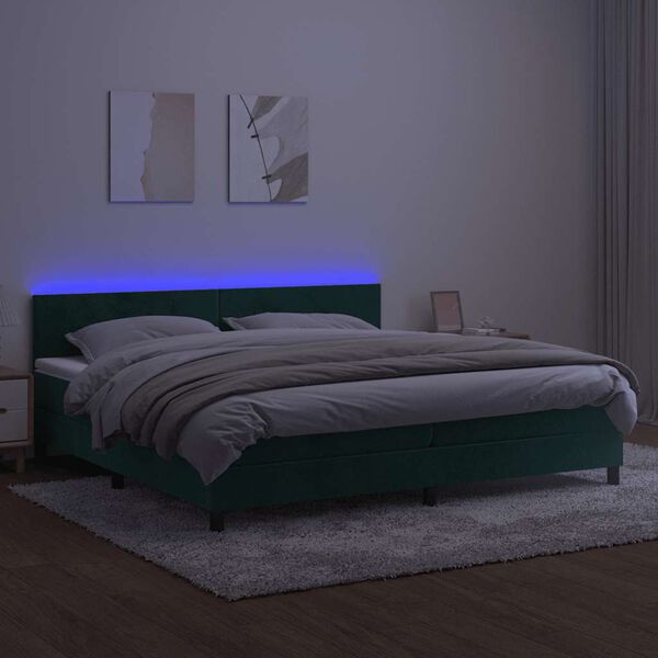 vidaXL Cama box spring colch&oacute;n y LED terciopelo verde oscuro 200x200cm
