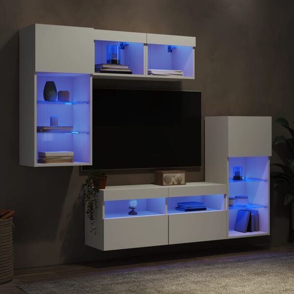 vidaXL Muebles de TV de pared con LED 5 pzas madera ingenier&iacute;a blanco