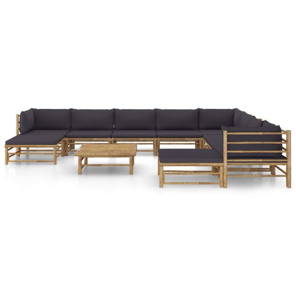 vidaXL Set de muebles de jardín 11 pzas bambú con cojines gris oscuro