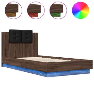 vidaXL Estructura de cama cabecero luces LED marr&oacute;n roble 90x190 cm