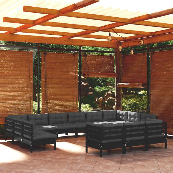 vidaXL Muebles de jard&iacute;n 13 pzas con cojines negro madera de pino