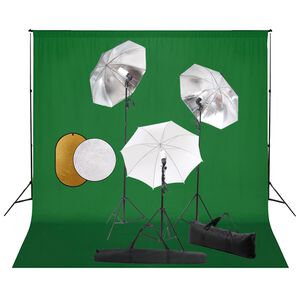 vidaXL Kit estudio fotogr&aacute;fico l&aacute;mparas, sombrillas, fondo y reflector