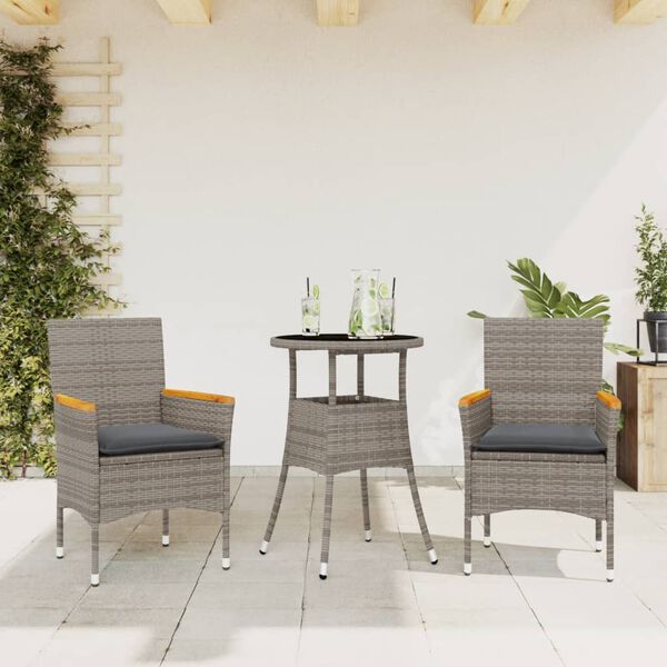 vidaXL Set comedor jard&iacute;n 3 pzas y cojines rat&aacute;n sint&eacute;tico vidrio gris