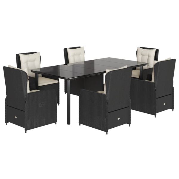 vidaXL Set de comedor de jard&iacute;n 7 pzas y cojines rat&aacute;n sint&eacute;tico negro