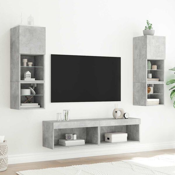 vidaXL Muebles TV pared con LED 6 pzas madera ingenier&iacute;a gris hormig&oacute;n