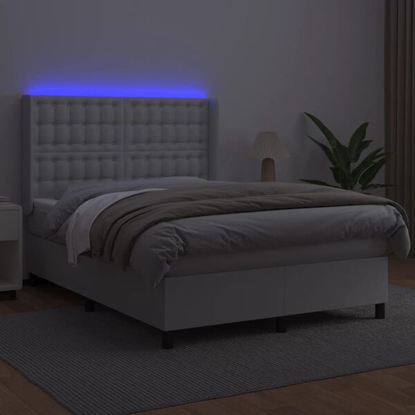 vidaXL Cama box spring colch&oacute;n y LED cuero sint&eacute;tico blanco 140x200 cm