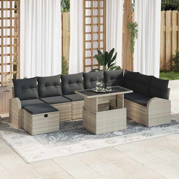 vidaXL Conjunto de sof&aacute; de jard&iacute;n con coj&iacute;n 9 pcs Gris claro Polirat&aacute;n