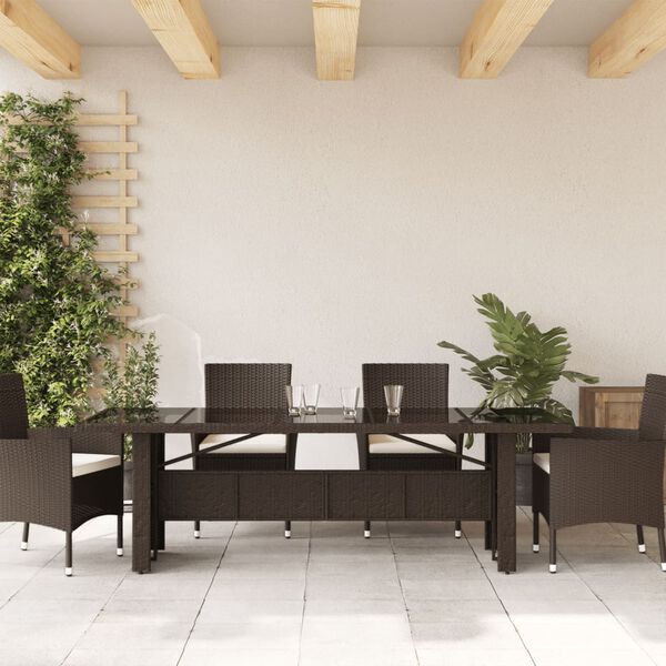 vidaXL Mesa de jard&iacute;n superficie de vidrio rat&aacute;n PE marr&oacute;n 240x90x75cm