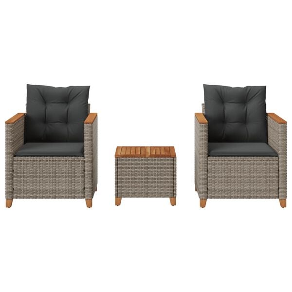 vidaXL Mesita y sillas con cojines 3 pzas ratán PE madera acacia gris