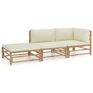 vidaXL Set de muebles de jard&iacute;n 3 piezas bamb&uacute; y cojines blanco crema