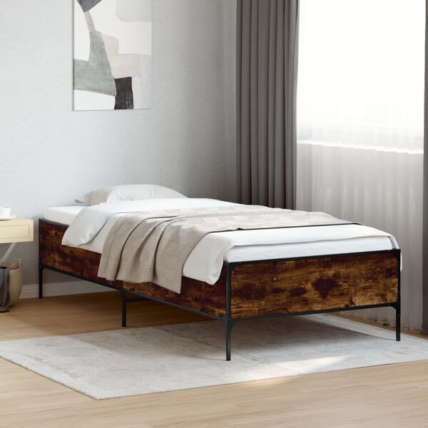 vidaXL Estructura cama madera ingenier&iacute;a metal roble ahumado 90x200 cm