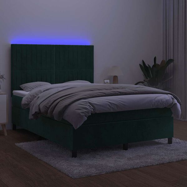 vidaXL Cama box spring colch&oacute;n y LED terciopelo verde oscuro 140x200cm