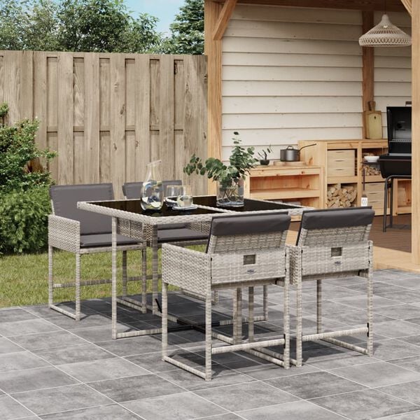 vidaXL Set comedor de jard&iacute;n 5 pzas cojines rat&aacute;n sint&eacute;tico gris claro
