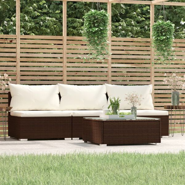 vidaXL Set muebles de jard&iacute;n 4 piezas y cojines rat&aacute;n sint&eacute;tico marr&oacute;n