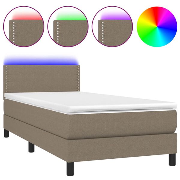 vidaXL Cama box spring colch&oacute;n y luces LED tela gris taupe 90x190 cm