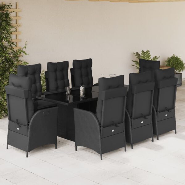 vidaXL Set de comedor de jard&iacute;n 9 pzas y cojines rat&aacute;n sint&eacute;tico negro