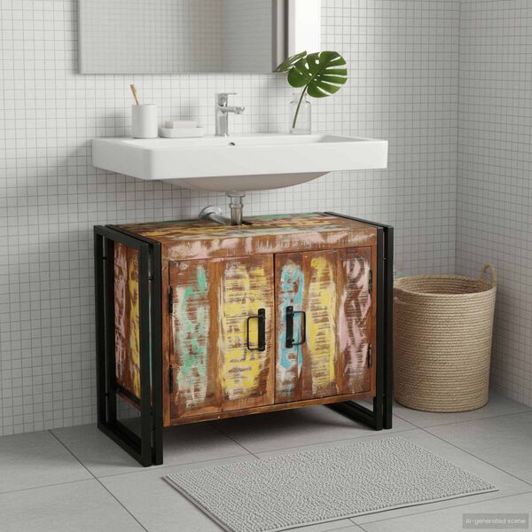 vidaXL Mueble de lavabo con puerta Multicolor Madera s&oacute;lida recuperada