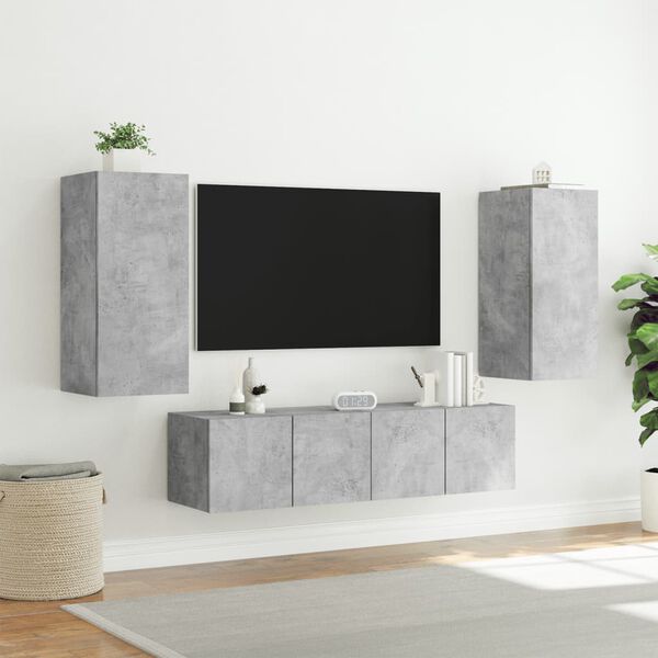 vidaXL Muebles TV pared con LED 4 pzas madera ingenier&iacute;a gris hormig&oacute;n